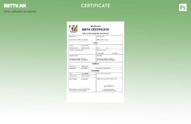 модерен стил извод од матична книга на родени Нов Зеланд Шаблон за Word и PDF ша